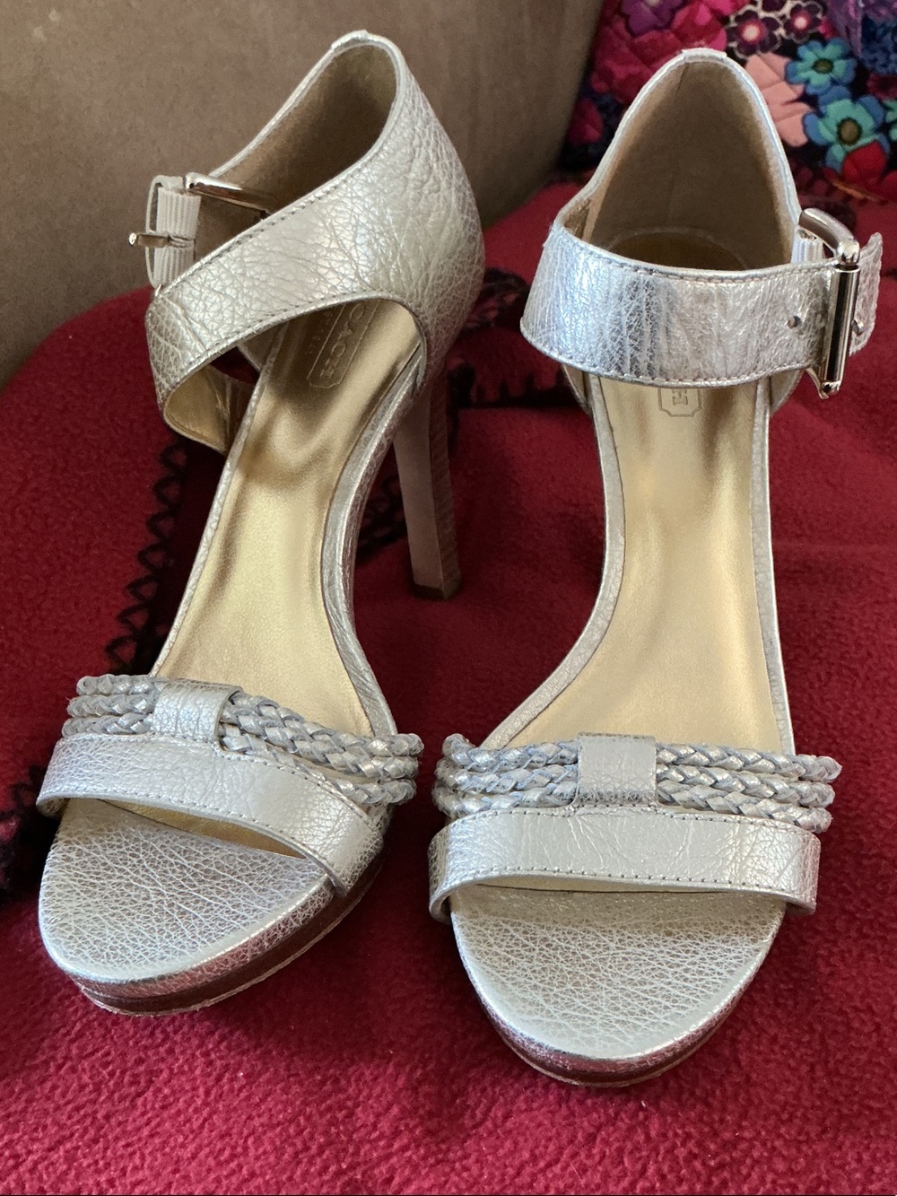 Coach Silver Braided-Strap High Heel Sandals